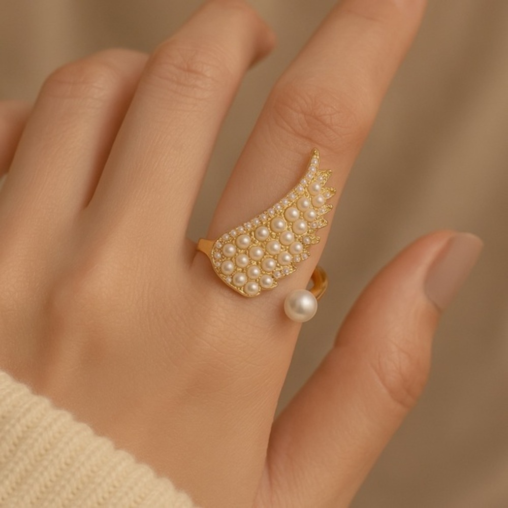 Elegant Gold Wing Pearl Open Ring | Adjustable Statement Ring with Crystals‎